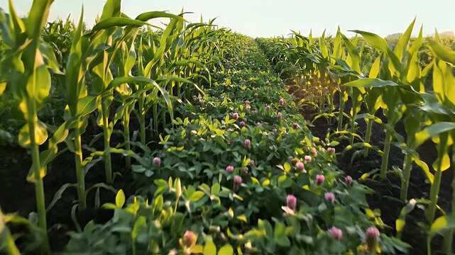 Cornfield with Clover - A lush field features rows of young corn plants growing tall, interplanted with vibrant green clover and delicate pink clover flowers.