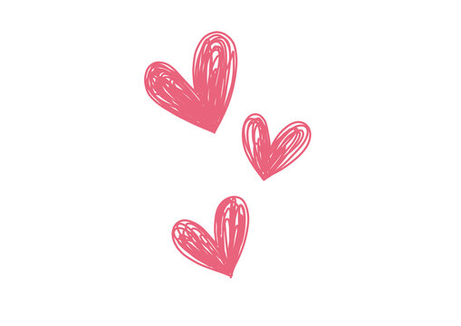 Three pink hand-drawn scribble hearts on transparent background. Floating messy marker doodles for romantic decor, wedding or Valentine's Day.