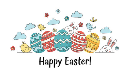 Happy easter banner displays colorful decorated eggs, cute bunnies, yellow chicks, and spring flowers under a blue cloudy sky.