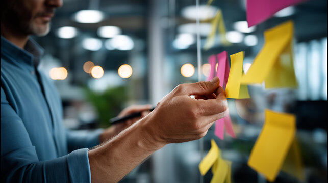 Hands working at glass pane with adhesive notes colleagues organizing reminders on transparent wall shown office environment with collaborative planning visible modern