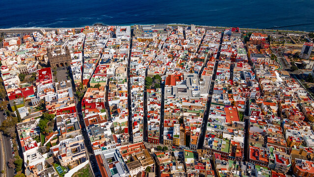 Top down aerial view of the historic Vegueta district and its narrow streets