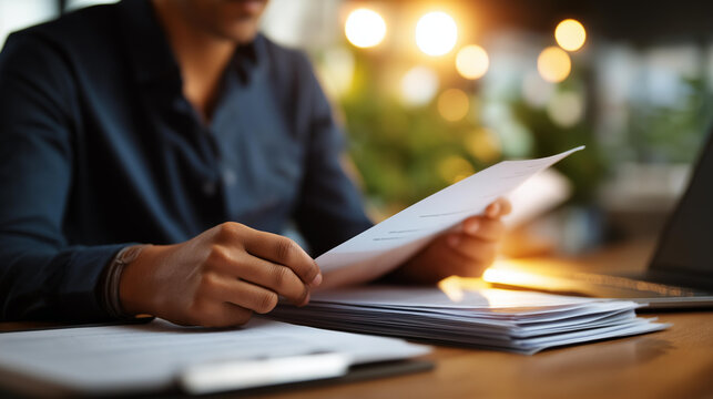 Hands with tax documents showing filing deadline person reviewing financial paperwork for tax season seasonal tax time with document preparation shown office environment with