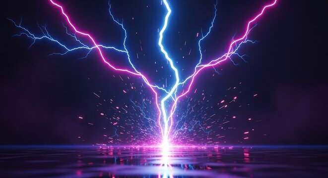 Vibrant neon lightning energy bolt on reflective dark surface