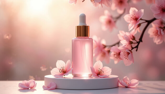 Pink serum dropper bottle with gold accents sits on white podium surrounded by delicate sakura flowers. Soft light enhances gentle feminine beauty product presentation. Luxury skincare essential.