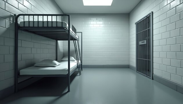 Prison cell with bunk beds and barred door. Minimalist detention room interior. Stark white tiled walls and grey floor. Secure confinement space.