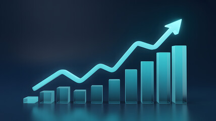 Blue bar graph with upward trending line and arrow on dark blue background chart bar chart  