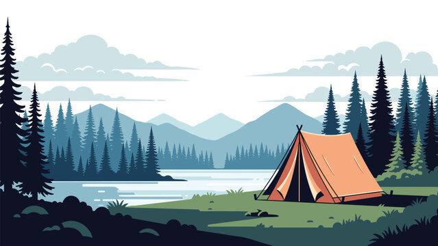 Camping scene features an orange tent pitched on a grassy lake shore surrounded by pine trees and mountains in the distance.