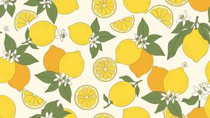 Obraz premium Seamless lemon pattern shows ripe yellow fruit, fresh green leaves, and white citrus blossoms over a warm cream background.
