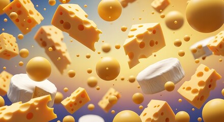 Assortment of cheese pieces and spheres float in a soft gradient background.