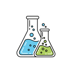 Two lab flasks, one blue, one green, bubbles rising, on a white background