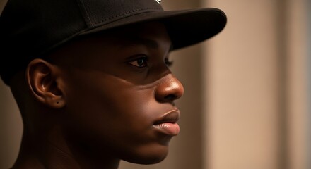Profile of a young person wearing a dark cap.