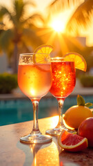 Fototapeta premium Refreshing citrus cocktails by poolside in tropical sunset ambiance.