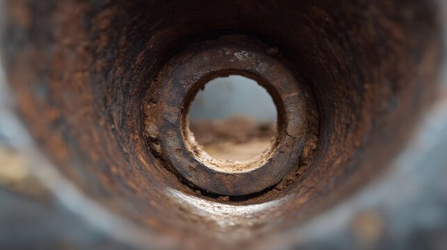 Detailed close up view into the rusted corroded interior of an old metal pipe revealing its decaying texture and a central opening