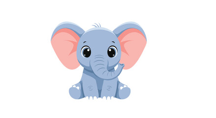 Sweet baby elephant character with large pink ears and big round eyes sitting happily on a plain white background.