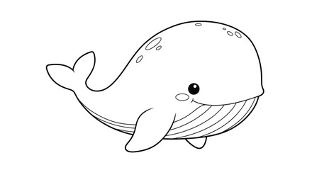 Obraz premium Simple black and white line art illustration of a happy baby whale for children to color on a white background.
