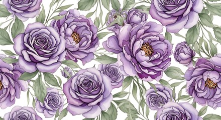 Beautiful seamless pattern of purple roses with green leaves.