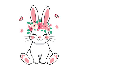 Obraz premium White rabbit sitting peacefully while wearing a colorful floral crown with pink blossoms and delicate butterflies fluttering nearby.