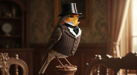 Dapper robin bird wears formal attire and a top hat indoors.