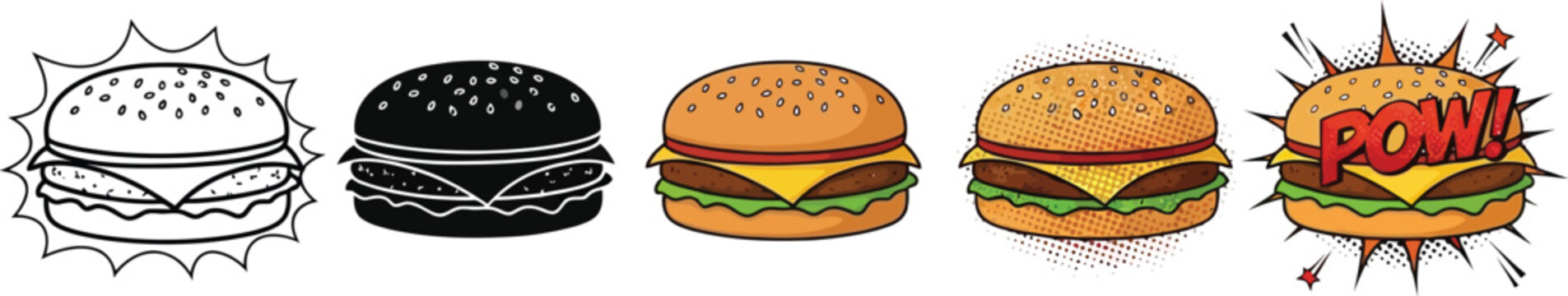 A collection of hamburger illustrations in diverse styles featuring outline silhouette and comic book designs ideal for fast food menus and advertising