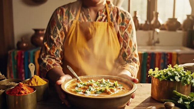 Garnishing Butter Chicken - A person is garnishing a bowl of steaming butter chicken with freshly chopped cilantro. The warm kitchen setting has various spices and ingredients readily available.