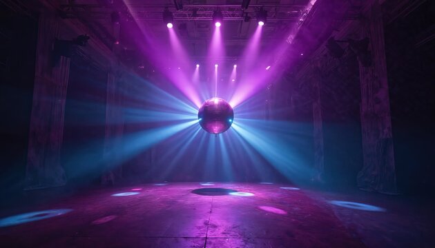 Central disco ball explodes with purple and blue laser beams in dark empty club. Energetic light beams radiate outwards, illuminating empty dancefloor with colorful spotlights.