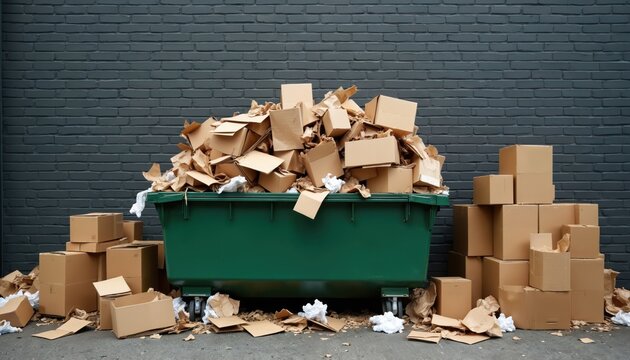 Overflowing green dumpster filled with cardboard boxes and paper waste. Uncollected rubbish piles up outside on pavement against brick wall. Overloaded trash bin signals waste management issue.