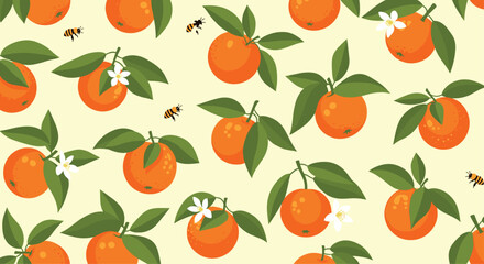 Obraz premium Vibrant seamless pattern of ripe oranges on branches with green leaves, white blossoms, and small honey bees on a pale background.