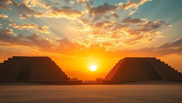 ziggurat. A massive stepped ziggurat ruin under a dramatic sunset sky, silhouette view. inspiring travel planning, real-estate listings, designed for interior renovation comparisons for interiors.