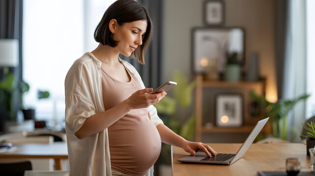 Pregnant Woman Using Smartphone at Home Office, Remote Work During Pregnancy, Modern Motherhood Lifestyle, Prenatal Balance Concept