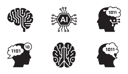 Fototapeta premium AI brain icon with circuits and binary code, artificial intelligence technology