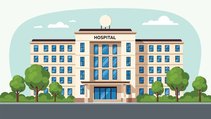 Obraz premium Modern hospital building architecture with multiple windows and green trees in front of the main entrance under a clear blue sunny sky.