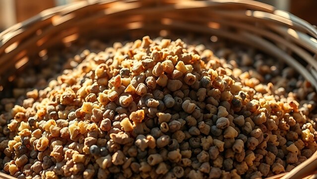 pomace. Pile of pressed grape pomace in a wooden basket in soft sunlight. menu design, packaging mockups, designed for food delivery and cloud-kitchen brand materials, used by software engineers.