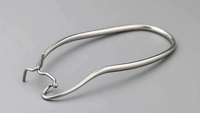 shortcoming. A stainless steel dental facebow isolated on a neutral background. STEM education sheets, lab safety posters, designed for biotech research communications, used by nutritionists.