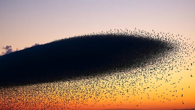 overfed. A murmuration of starlings transitioning from a dense cloud to scattered birds against a dusk sky. wildlife magazines, conservation campaigns, designed for eco-tourism storytelling.