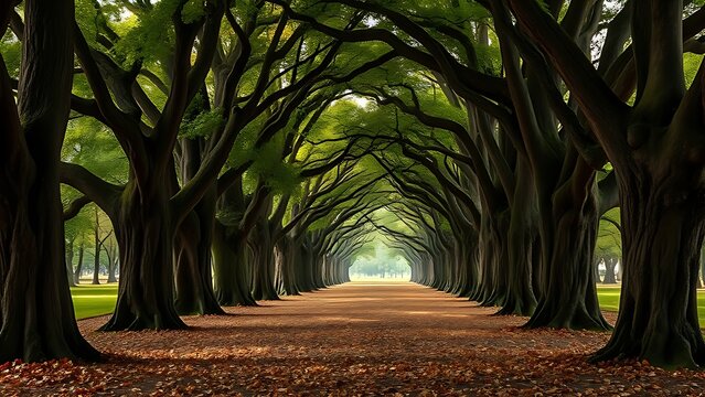 accuser. Avenue of ancient oak trees with a carpet of fallen leaves, dappled sunlight filtering through the canopy. travel magazines, destination branding, designed for travel destination branding.