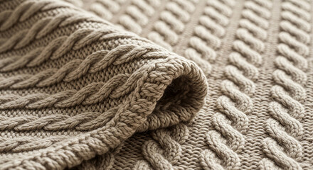Textured cable knit blanket in neutral beige tones on fabric  