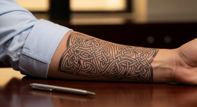 Man with intricate tattoo on forearm resting on desk with pen