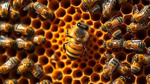 diploid. A queen bee surrounded by worker bees in a honeycomb during golden hour. wildlife magazines, conservation campaigns, designed for nature documentaries and education.