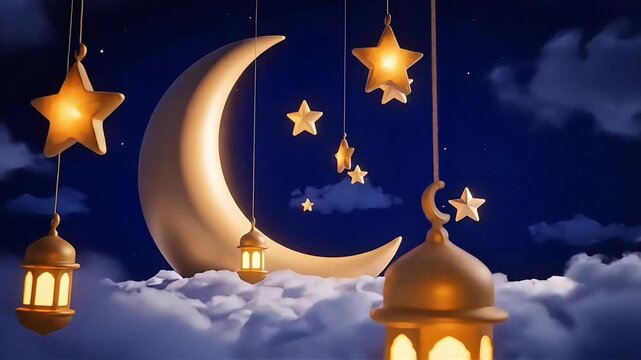 Dreamy 4K loop of floating stars, mosque lanterns, and a crescent moon in a surreal Ramadan night. Minimalist, magical Islamic background with copy space for Eid.