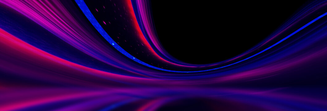 Neon lights cut across a dark background creating patterns that suggest motion and energy. The lines are vibrant and draw the eye toward the center, inviting exploration.