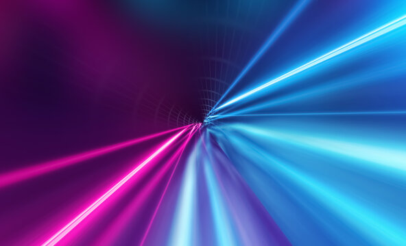 Background of an empty black corridor with neon light. Abstract background with lines and glow