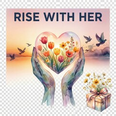 Hands holding heart with flowers and birds against sunrise background  