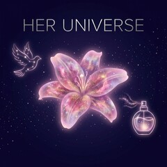 Cosmic flower with perfume and dove in starry universe background  