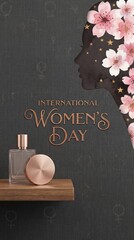 International Women's Day themed artwork with floral silhouette and perfume  