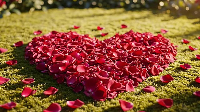 Rose Petal Heart on Grass - A heart shape is formed by many red rose petals on a patch of green grass. Some individual petals are scattered around the heart on the grass.