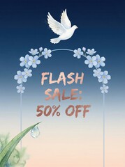 Flash sale announcement with white dove and flowers on gradient background  
