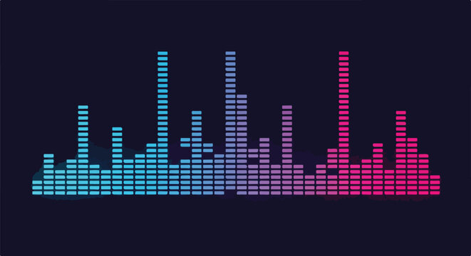 Digital audio equalizer bars in vibrant blue and pink, representing sound waves and music visualization on a dark background