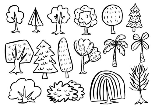 Black color diverse forest tree cartoon doodle icon collection for use on info-graphic, maps, social media, bullet journal or printing projects.