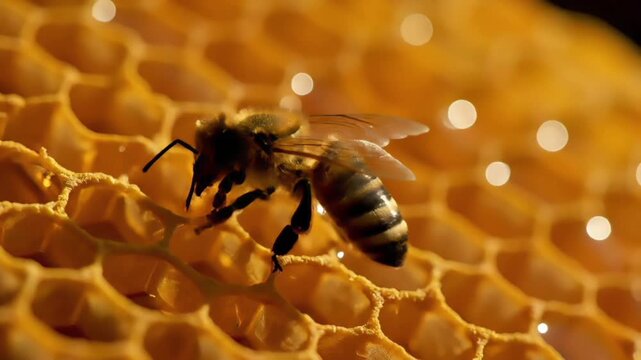Close-up of a bee on a honeycomb with a shallow depth of field, warm golden tones, and a blurred background.