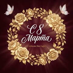 Floral wreath with butterflies and text celebrating women's day  